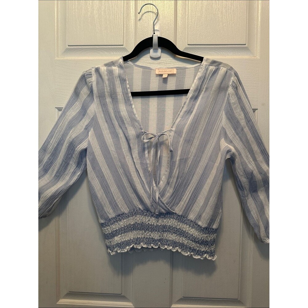Striped Tie-Front Smocked Hem Blouse - Light Blue/White Beachy Size Small